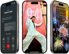 3 موديلات iPhone 17 Pro، الجزء الأمامي الخارجي، جنباً إلى جنب، تعرض نظام iOS 26، وتأثير Liquid Glass، وميزة Apple Intelligence‏