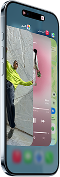 iPhone Air، الجزء الأمامي الخارجي، الجزء الجانبي الخارجي، تصميم نحيف، Dynamic Island في الوسط بالقرب من الجزء العلوي، ميزة مُبدِّل التطبيقات قيد الاستخدام، الأزرار: زر الإجراءات، وزرّا مستوى الصوت
