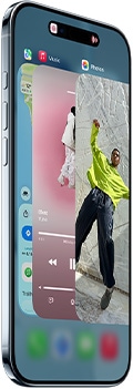 iPhone Air, front exterior, side exterior, thin profile, Dynamic Island centered near top, App Switcher feature in use, buttons: Action, volume